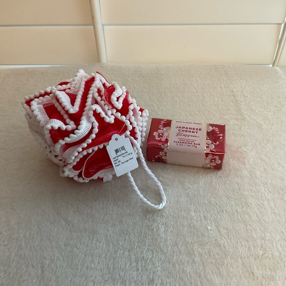 Bath & Body Works Other - Red and White Bath Loofah with Japanese Cherry Blossom Soap